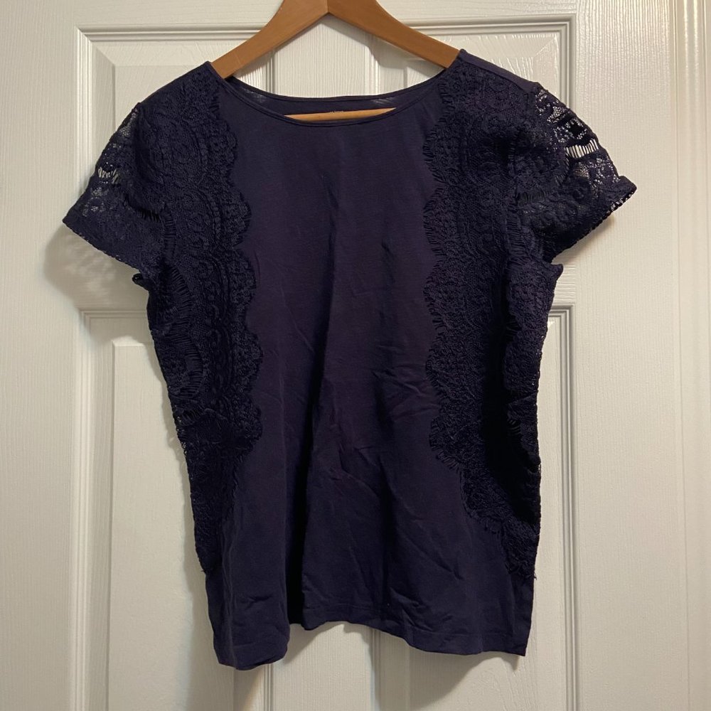 LOFT T-Shirt Lace Sleeve and Detail Size Large Navy Blue